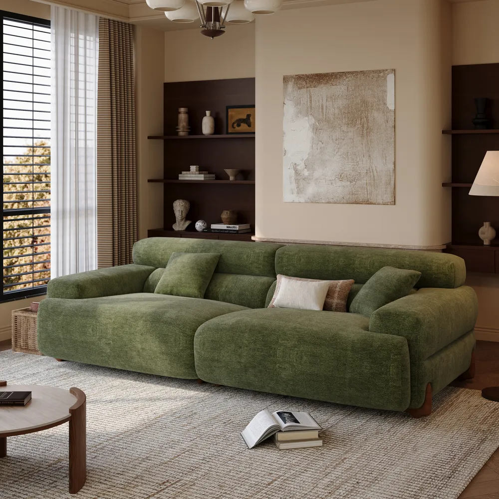 Modern Green Chenille Sofa with High Back Couch