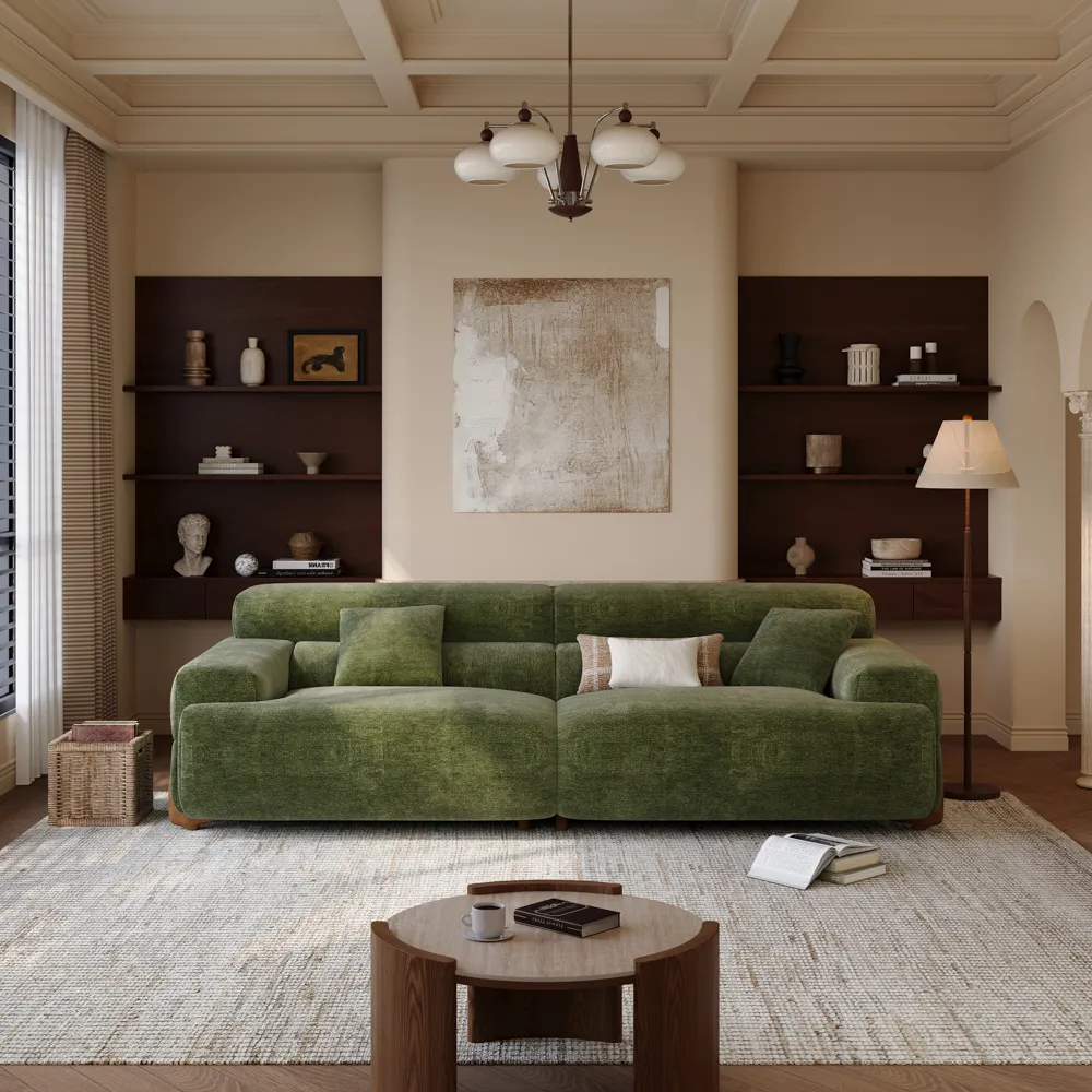 Modern Green Chenille Sofa with High Back Couch