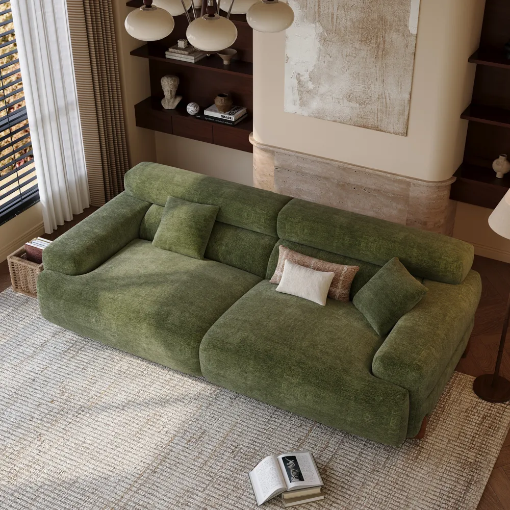 Modern Green Chenille Sofa with High Back Couch
