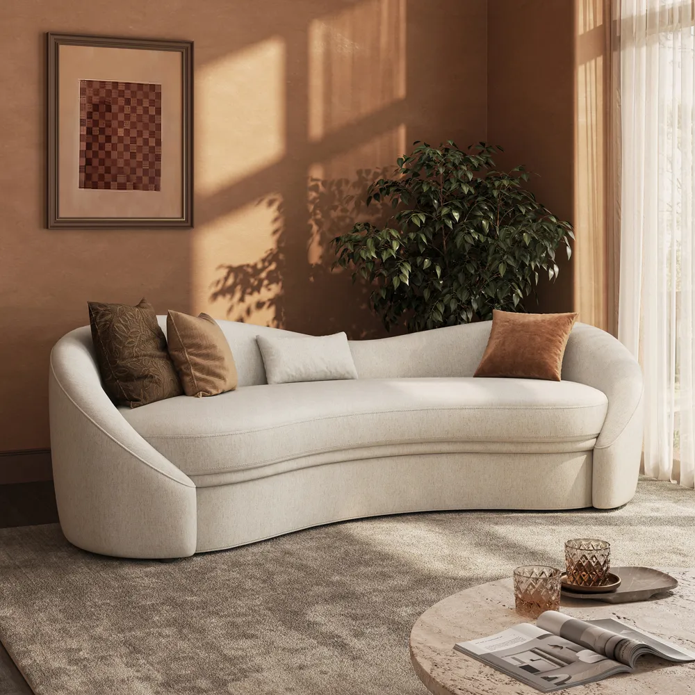 Cotton Linen Curved Sofa Beige Performance Fabric Sofa