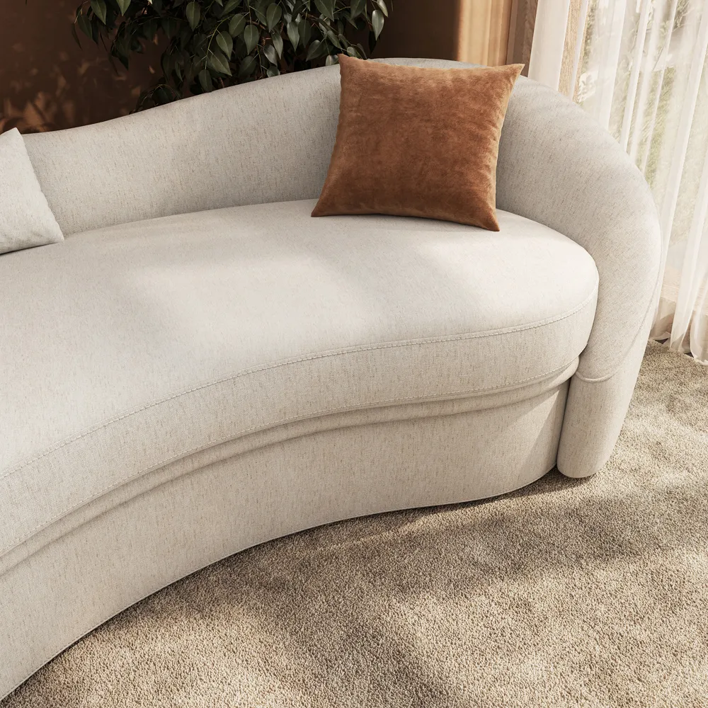 Cotton Linen Curved Sofa Beige Performance Fabric Sofa