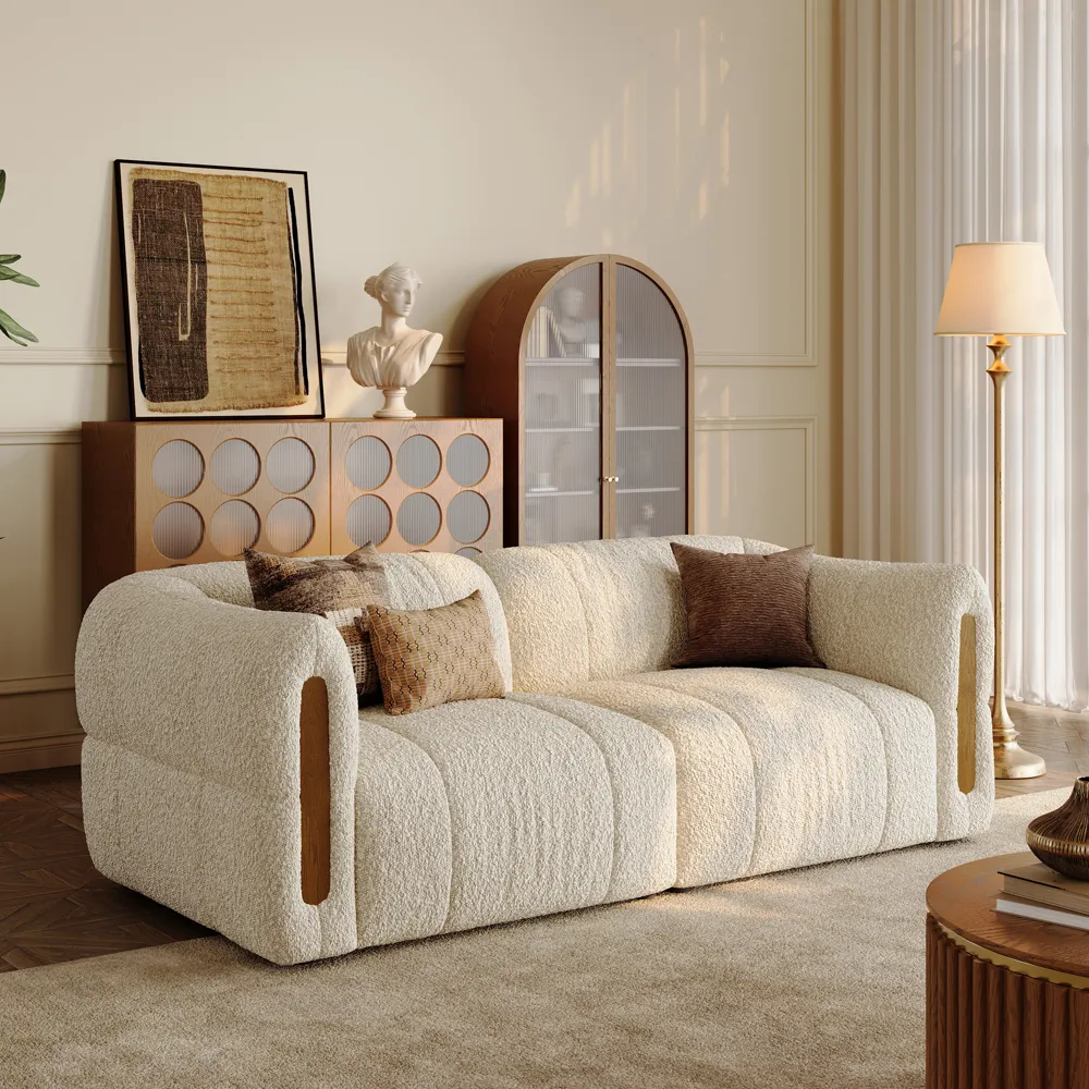 Modern Boucle Sofa Beige Loveseats with Solid Wood Details
