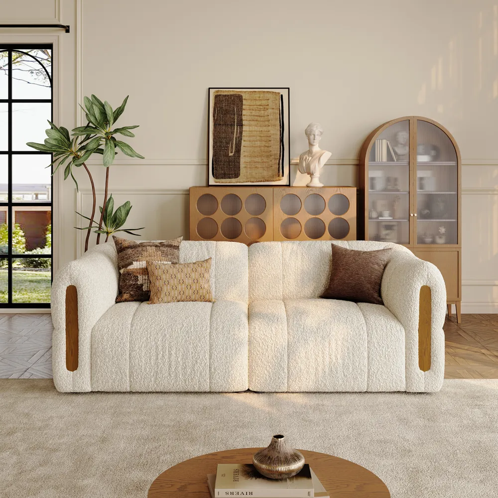 Modern Boucle Sofa Beige Loveseats with Solid Wood Details