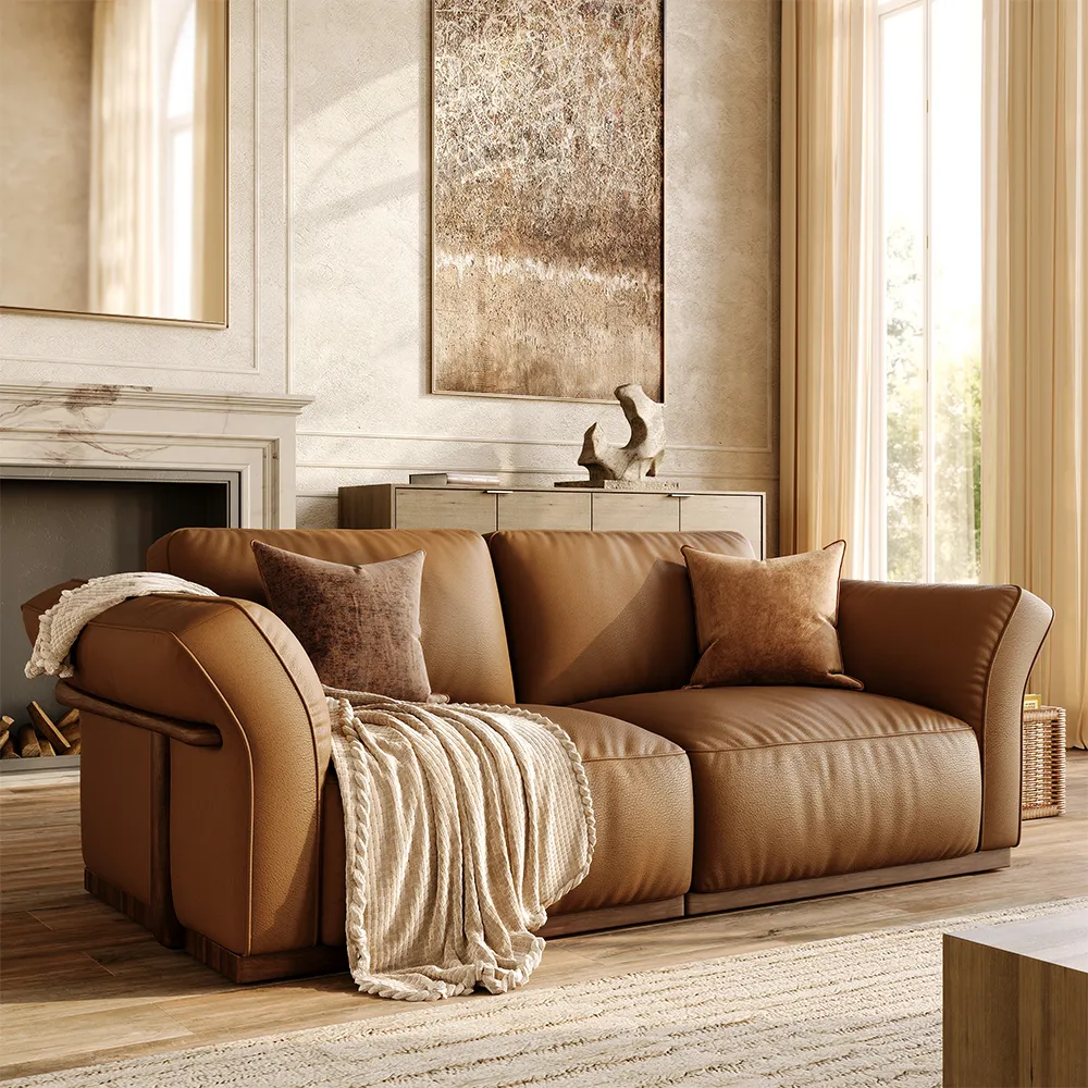 Brown Genuine Leather Modular Sofa with Solid Wood Frame