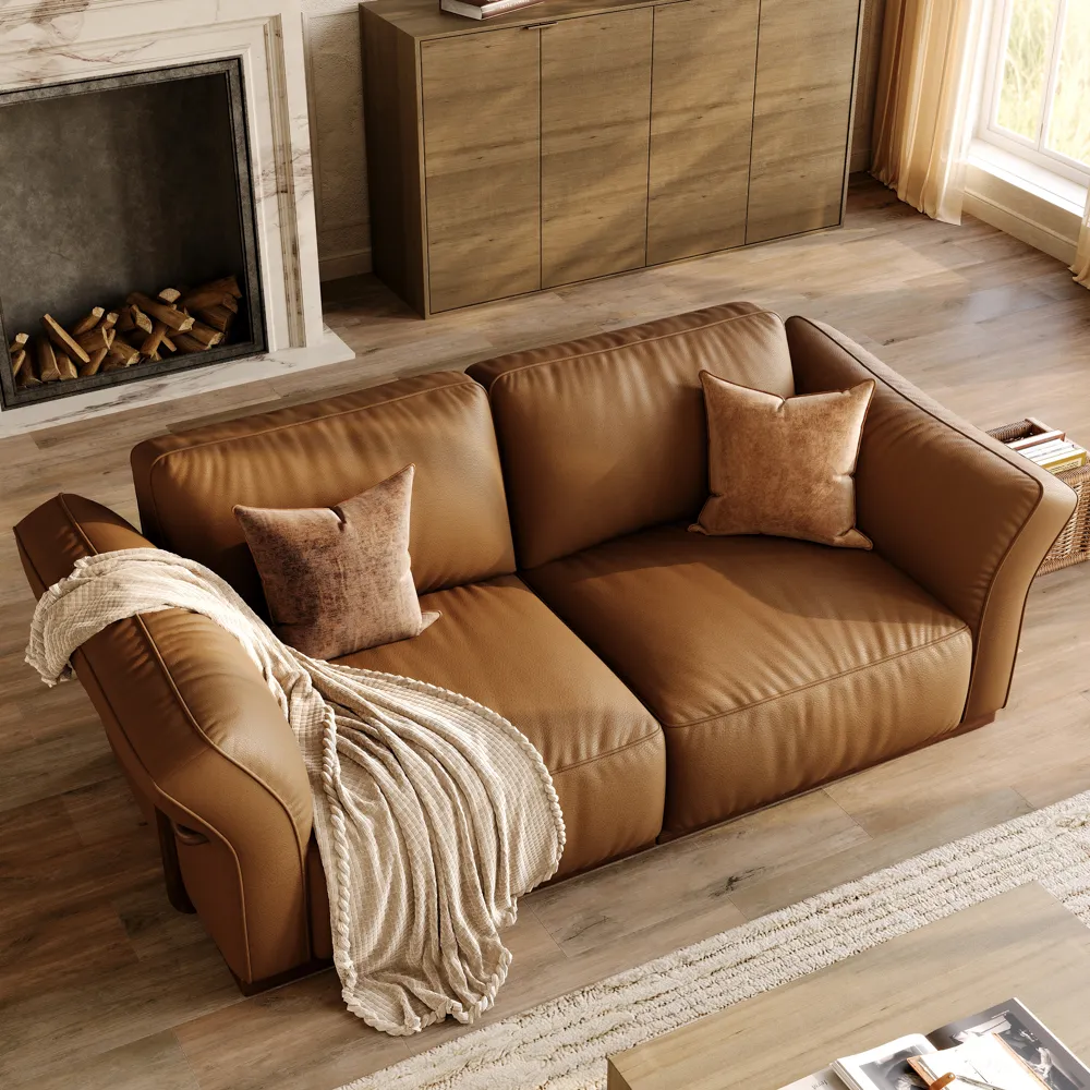 Brown Genuine Leather Modular Sofa with Solid Wood Frame