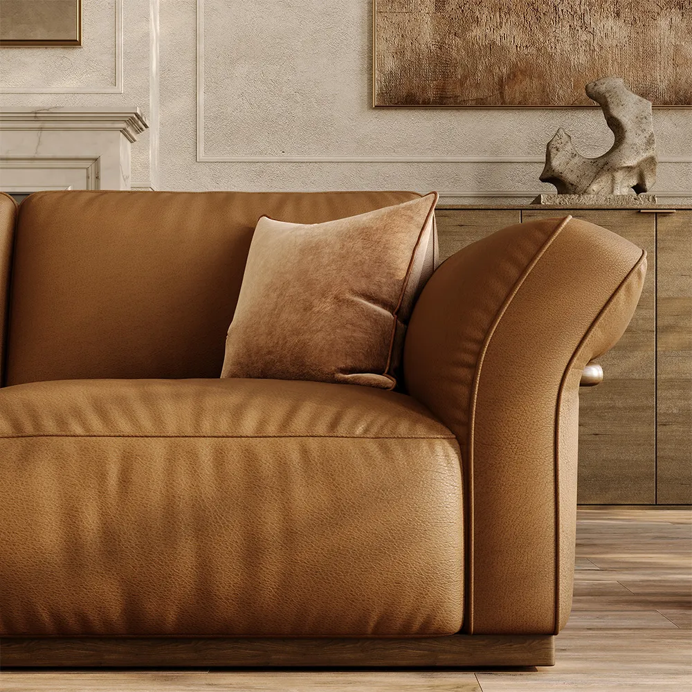Brown Genuine Leather Modular Sofa with Solid Wood Frame