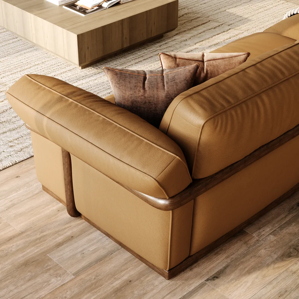 Brown Genuine Leather Modular Sofa with Solid Wood Frame