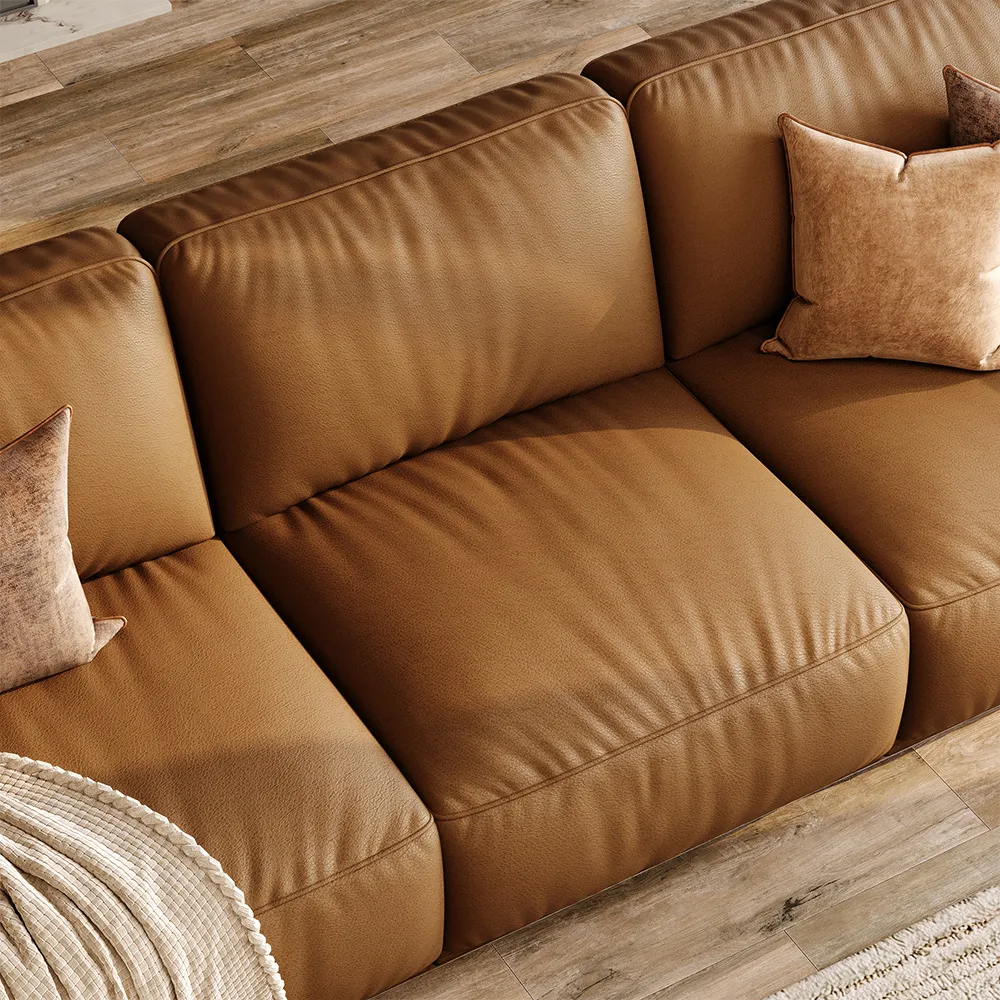 Brown Genuine Leather Modular Sofa with Solid Wood Frame