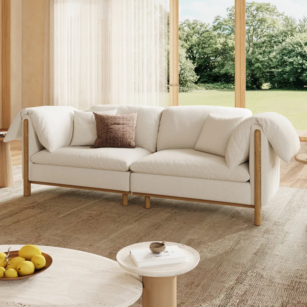 Removable Cushions Sofa in Water-Resistant Cotton-Linen with Solid Wood Legs