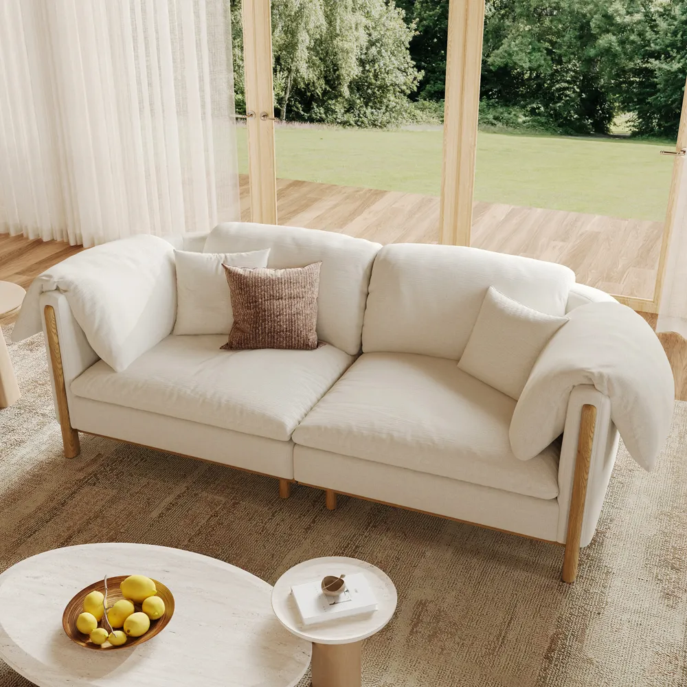 Removable Cushions Sofa in Water-Resistant Cotton-Linen with Solid Wood Legs