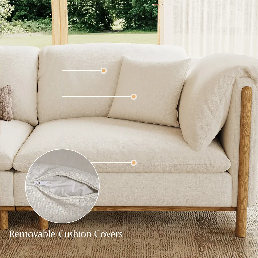 Removable Cushions Sofa in Water-Resistant Cotton-Linen with Solid Wood Legs