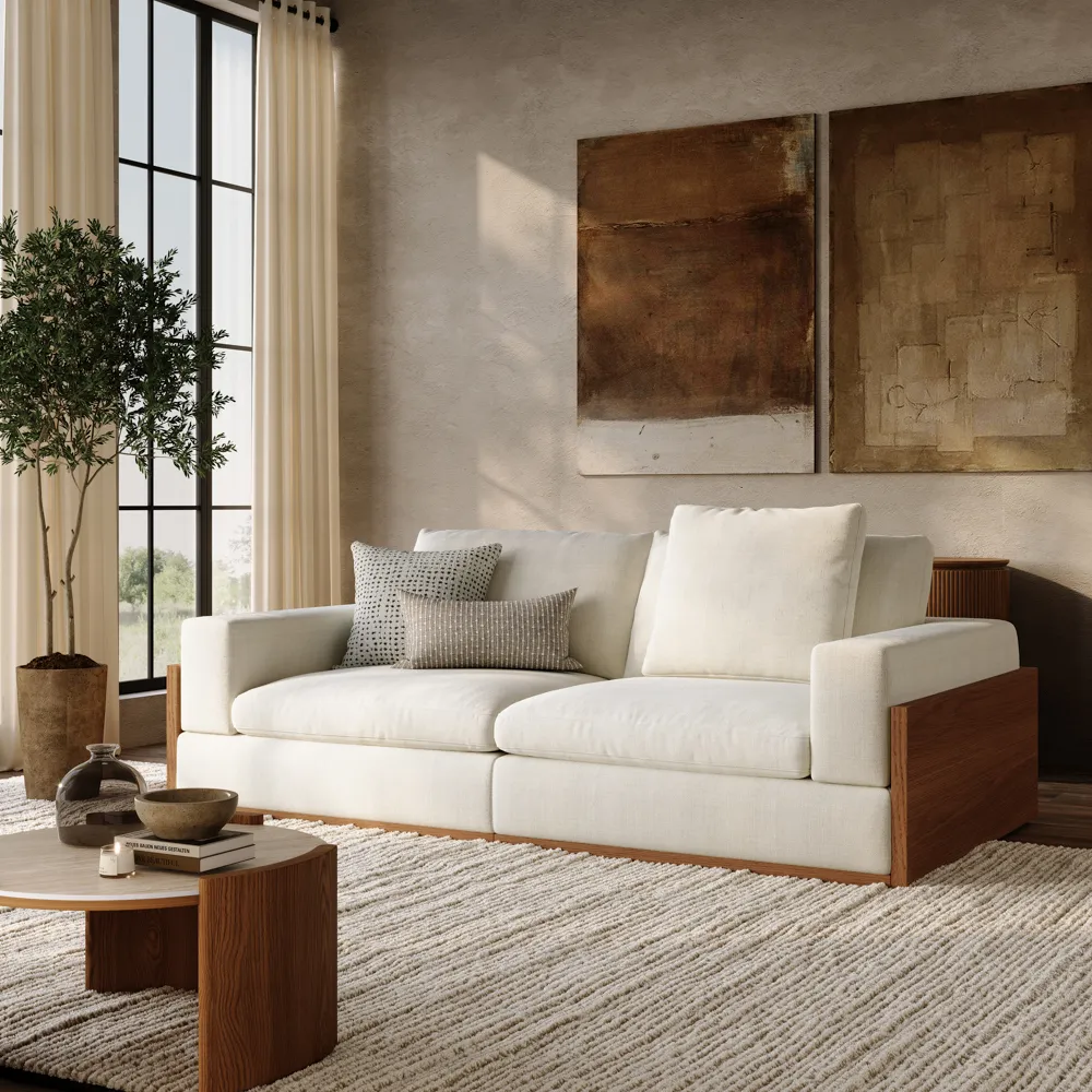 Mid-century Style Sofa LoveSeat Beige Sofa with Wood Base & Exposed Wood Frame