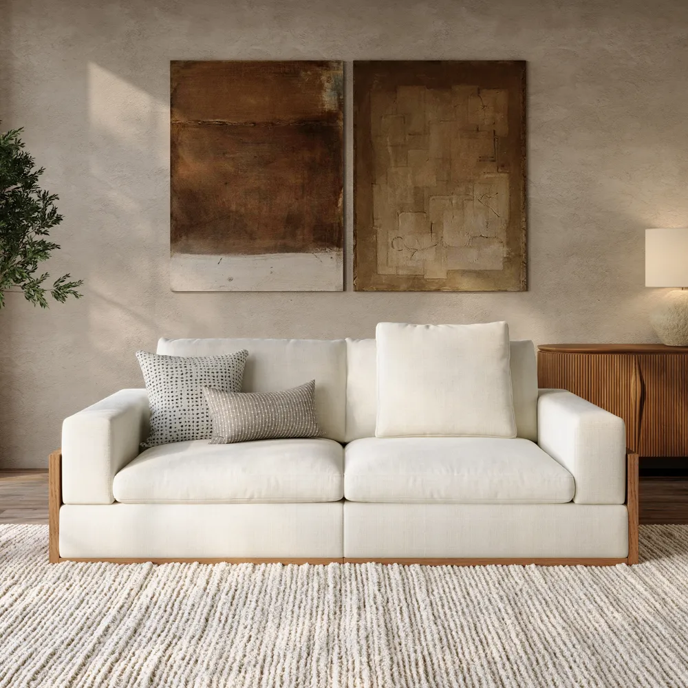 Mid-century Style Sofa LoveSeat Beige Sofa with Wood Base & Exposed Wood Frame Mid-century Style Sofa LoveSeat Beige Sofa with Wood Base & Exposed Wood Frame