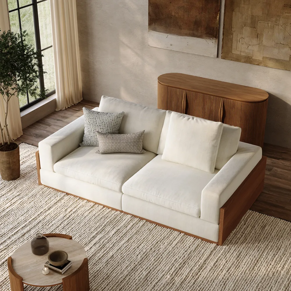 Mid-century Style Sofa LoveSeat Beige Sofa with Wood Base & Exposed Wood Frame Mid-century Style Sofa LoveSeat Beige Sofa with Wood Base & Exposed Wood Frame