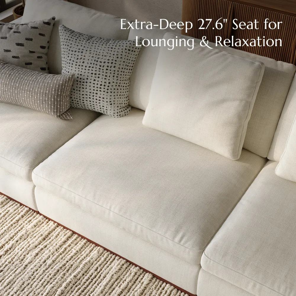 Mid-century Style Sofa LoveSeat Beige Sofa with Wood Base & Exposed Wood Frame Mid-century Style Sofa LoveSeat Beige Sofa with Wood Base & Exposed Wood Frame