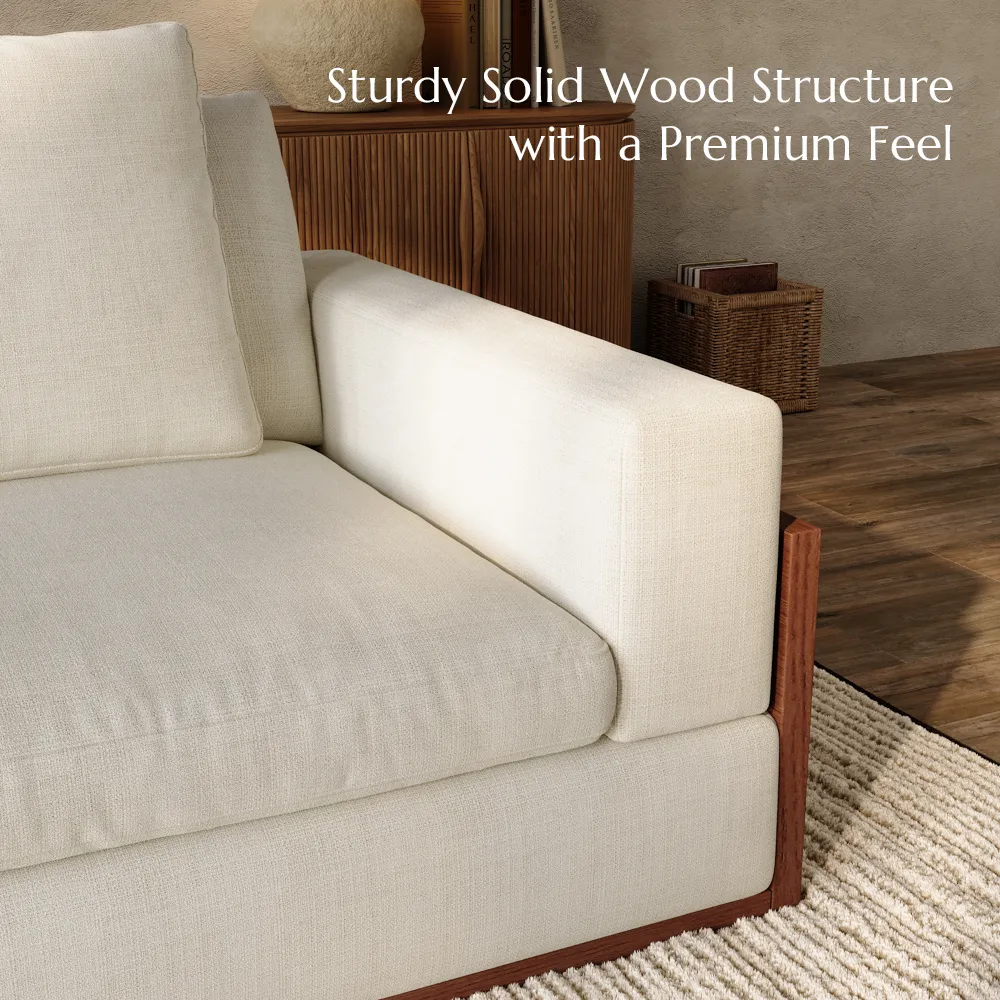 Mid-century Style Sofa LoveSeat Beige Sofa with Wood Base & Exposed Wood Frame Mid-century Style Sofa LoveSeat Beige Sofa with Wood Base & Exposed Wood Frame