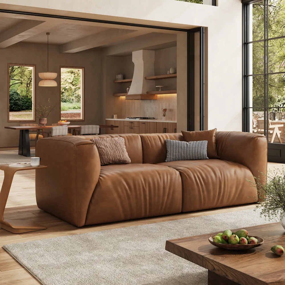 Brown Genuine Leather Loveseat Sofa Mid Century Modern Couch