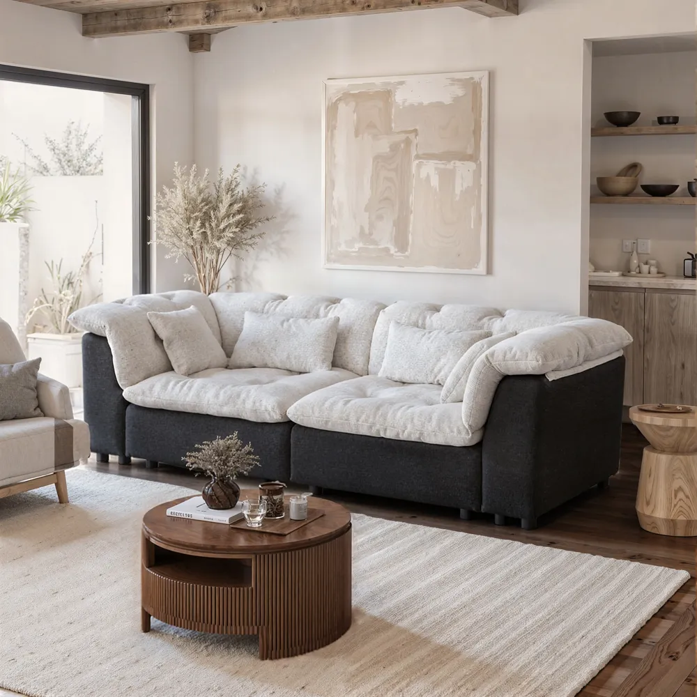 Modern 2-3 Seater Black & White Chenille Tufted Sofa