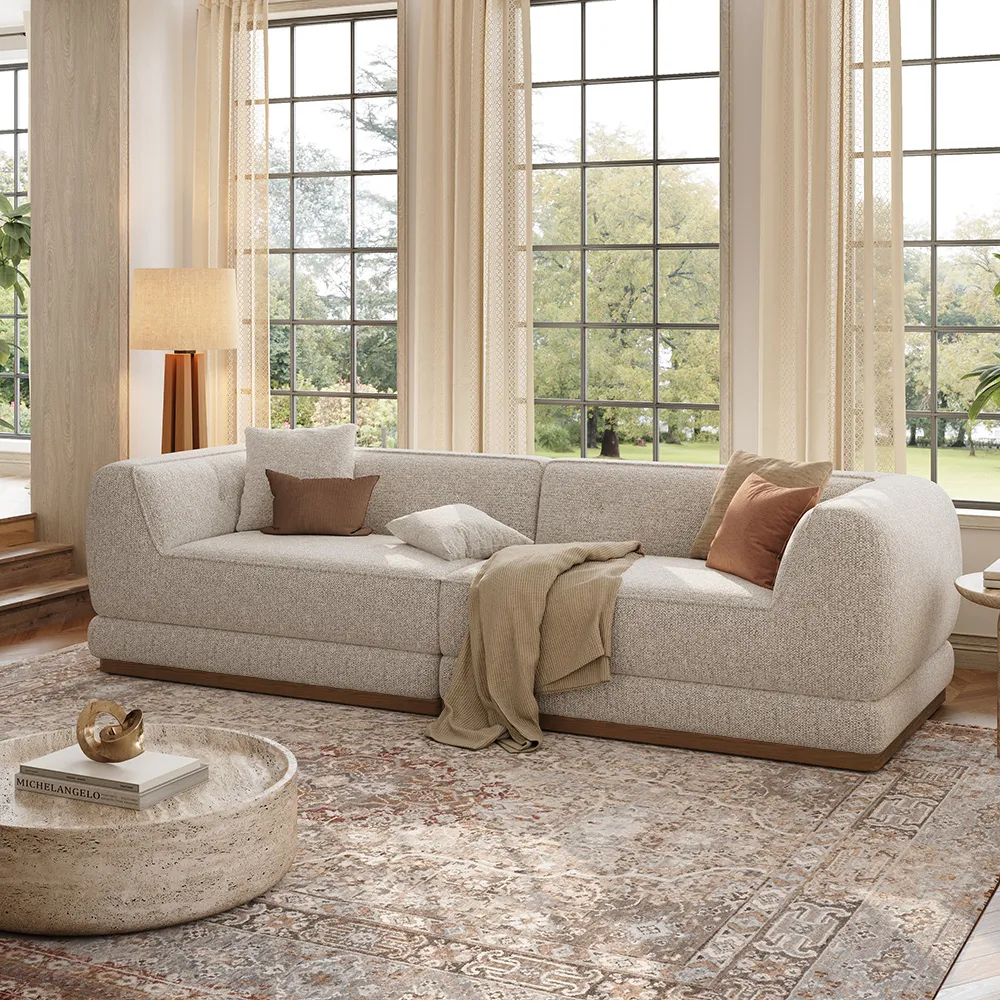 Wide Chenille Sofa with Solid Wood Base in Light Gray