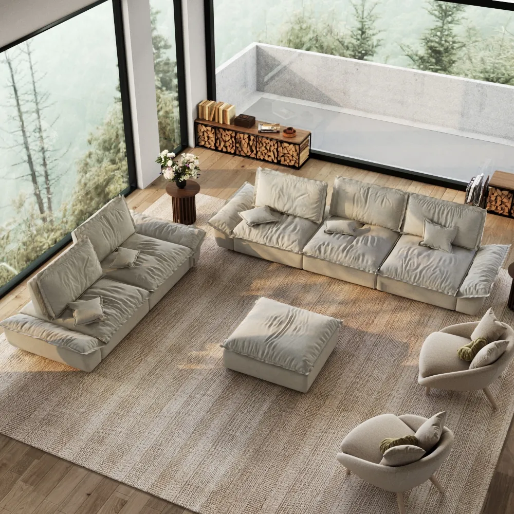 2-3 Seater Modern Sleeper Beige Sofa Set with Ottoman