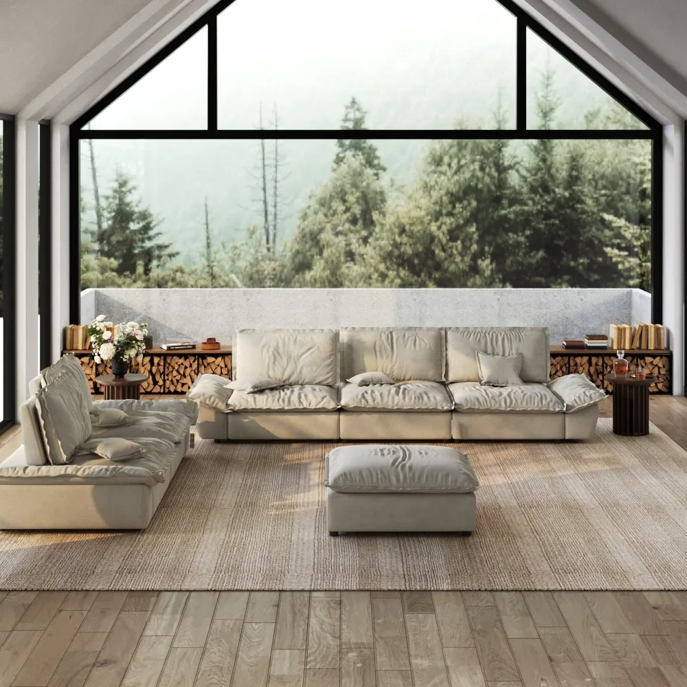 2-3 Seater Modern Sleeper Beige Sofa Set with Ottoman 2-3 Seater Modern Sleeper Beige Sofa Set with Ottoman