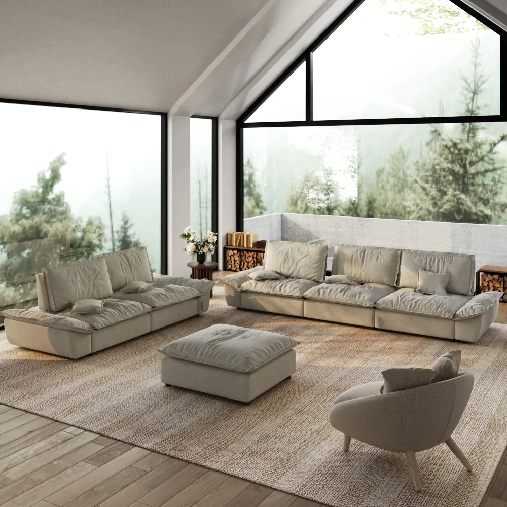 2-3 Seater Modern Sleeper Beige Sofa Set with Ottoman 2-3 Seater Modern Sleeper Beige Sofa Set with Ottoman