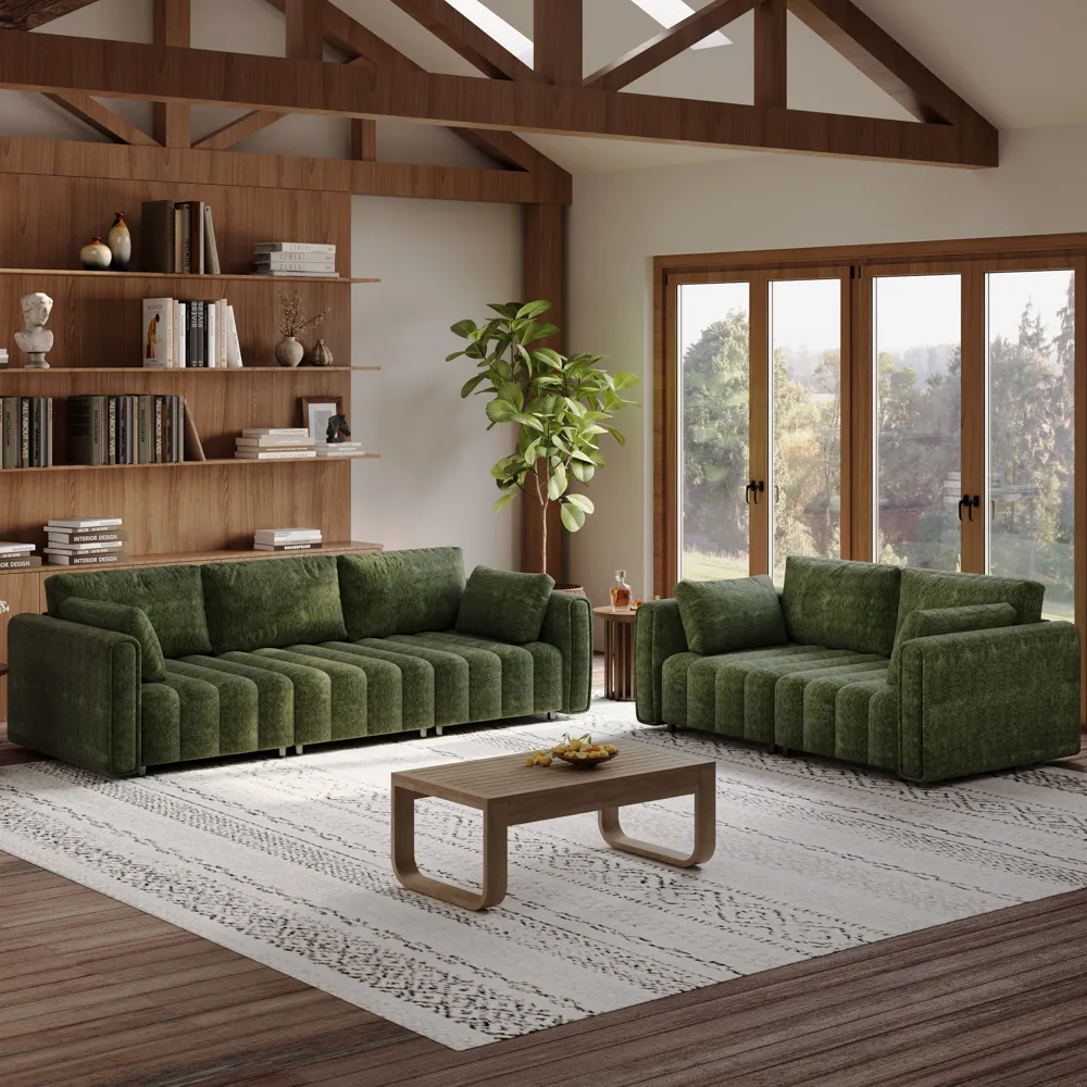 2-3 Seater Retro Hand-Tufted Green Chenille Sofa Set