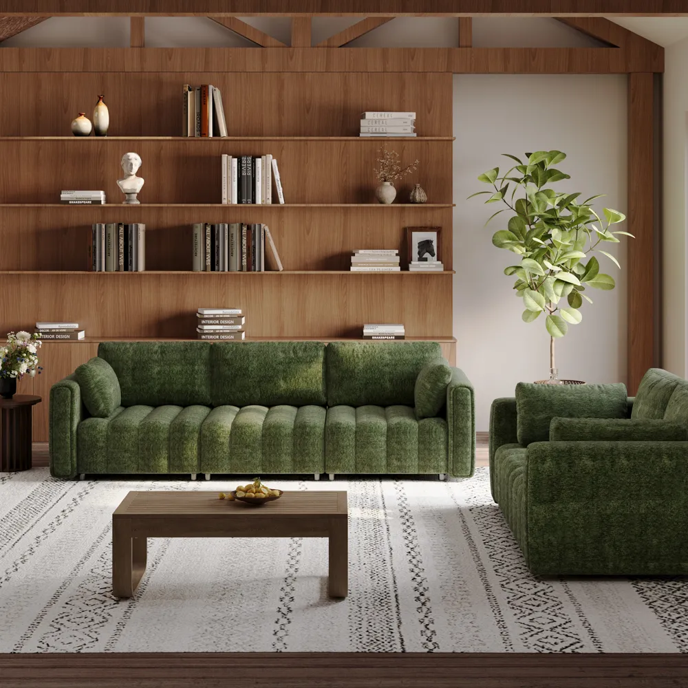 2-3 Seater Retro Hand-Tufted Green Chenille Sofa Set