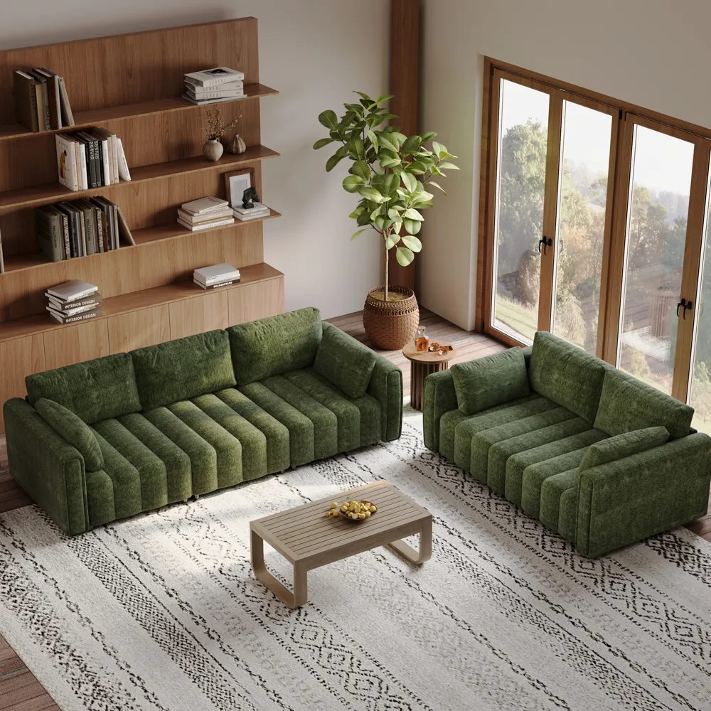 2-3 Seater Retro Hand-Tufted Green Chenille Sofa Set