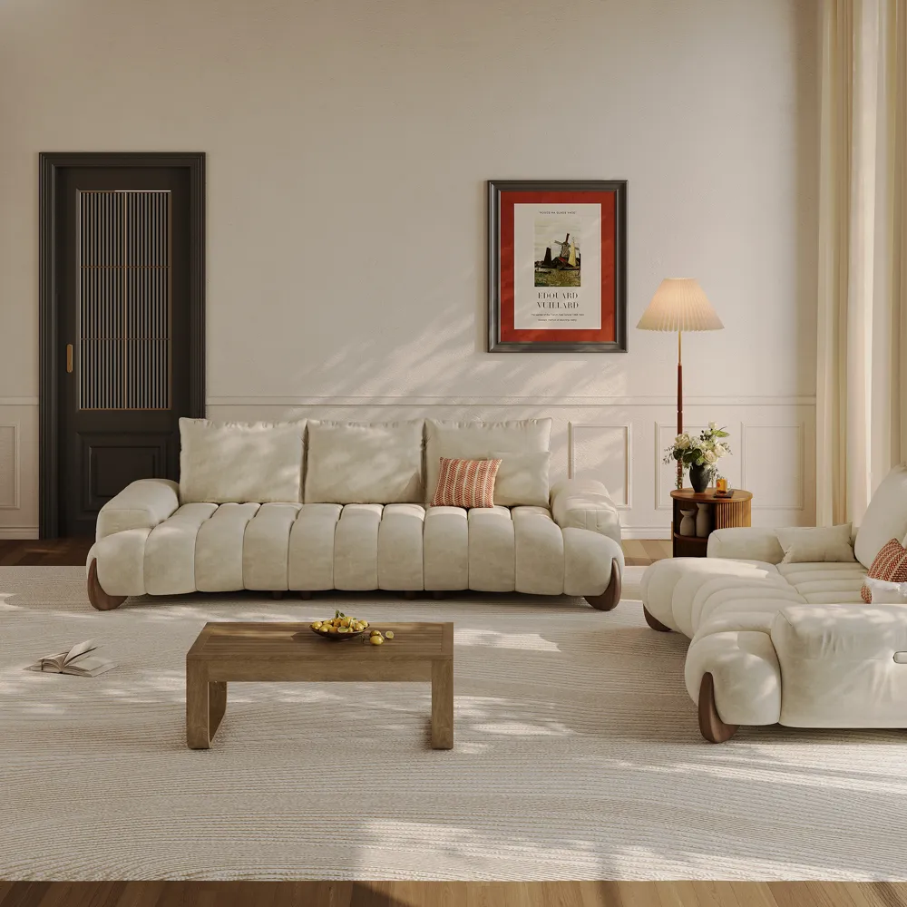 2-3 Seater Mid Century Beige Pet-Friendly Fabric Sofa Set with Adjustable