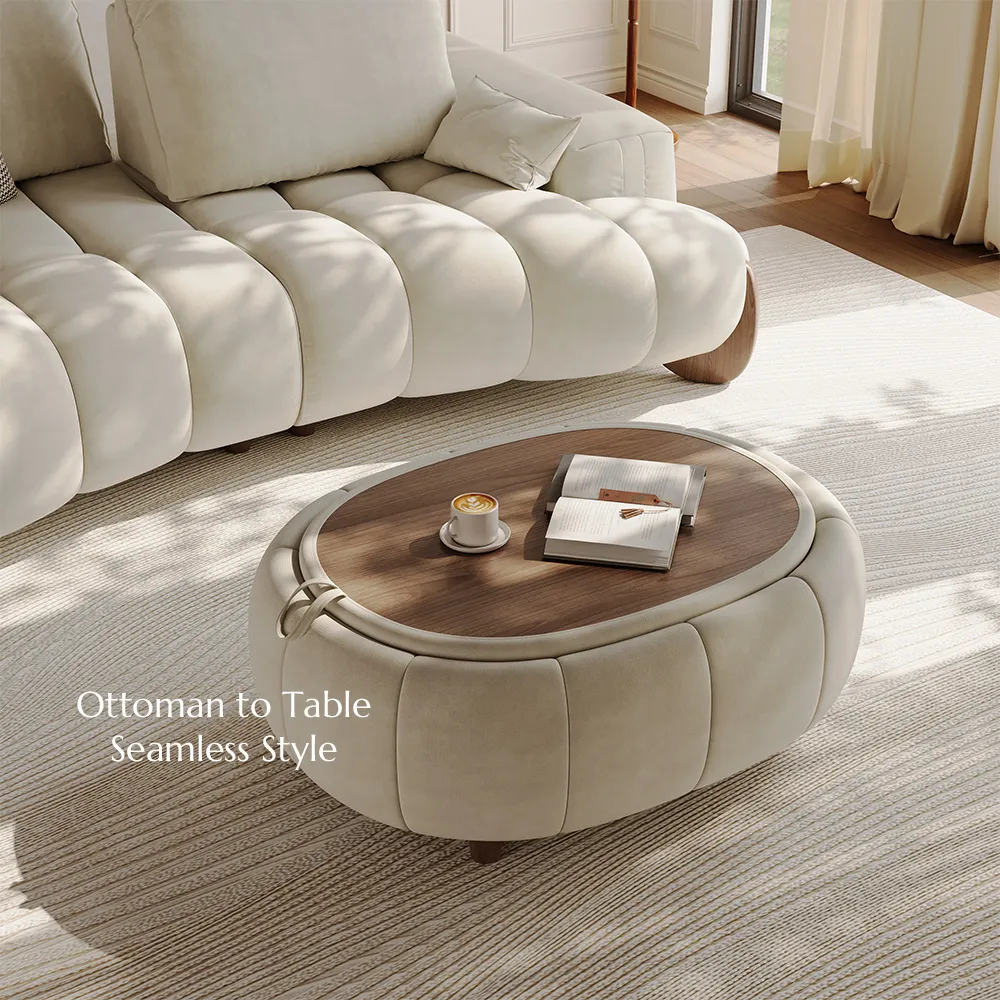 Mid Century Storage Ottoman Coffee Table in Beige Pet-friendly Fabric