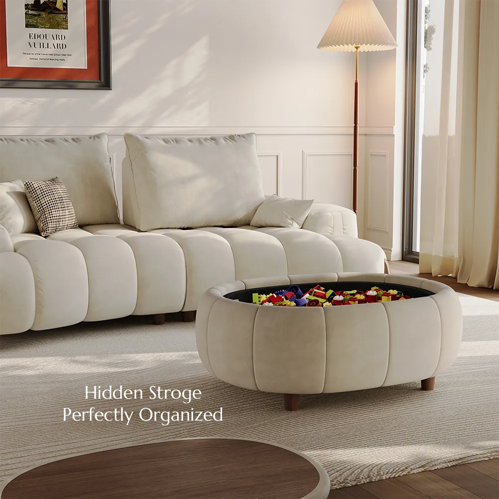 Mid Century Storage Ottoman Coffee Table in Beige Pet-friendly Fabric