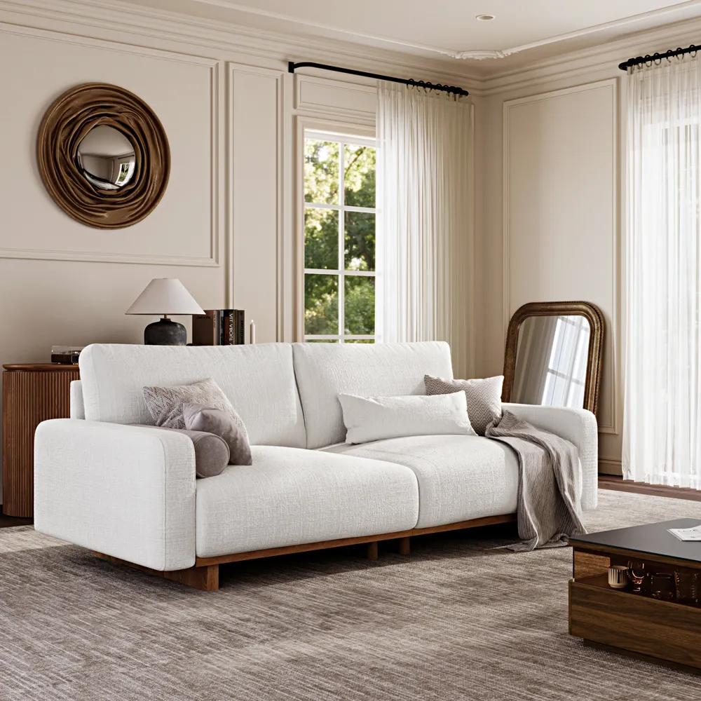 Mid-century Style Sofa Beige Chenille Sofa with LED Lights for Living Room