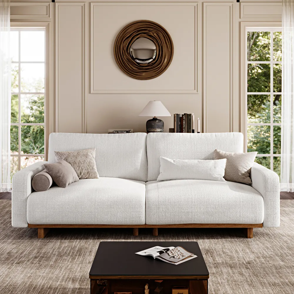 Mid-century Style Sofa Beige Chenille Sofa with LED Lights for Living Room