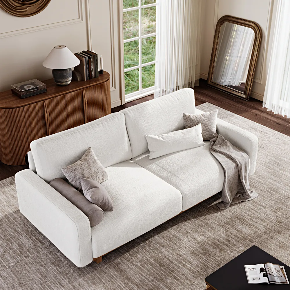 Mid-century Style Sofa Beige Chenille Sofa with LED Lights for Living Room