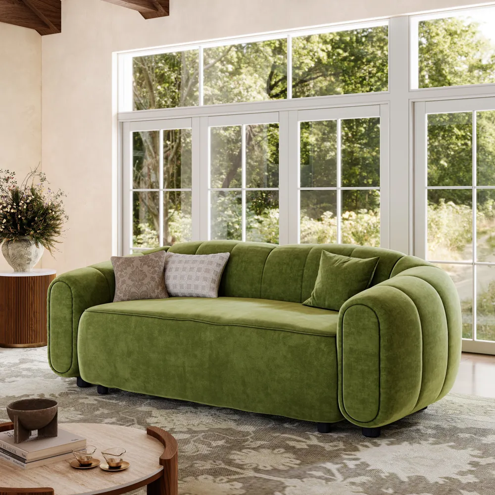 Modern 2–3 Seater Curved Green Velvet Sofa Modern 2–3 Seater Curved Green Velvet Sofa