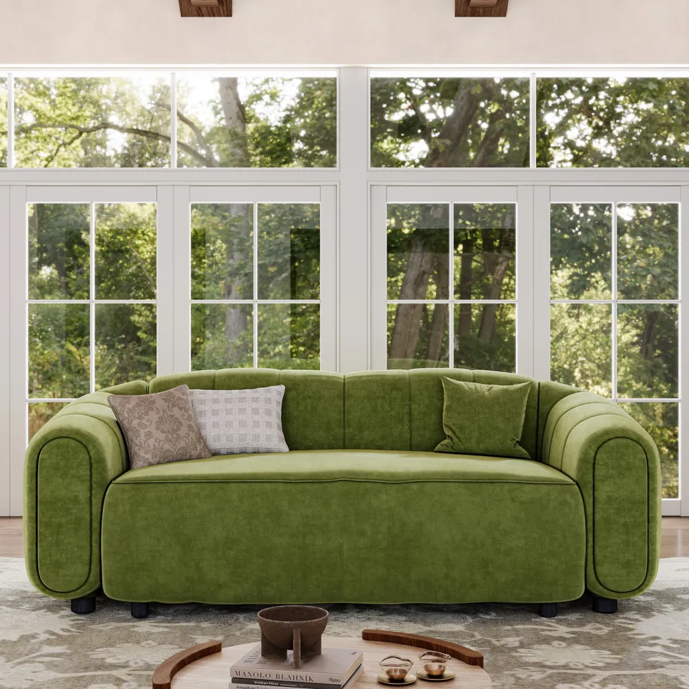 Modern 2–3 Seater Curved Green Velvet Sofa Modern 2–3 Seater Curved Green Velvet Sofa