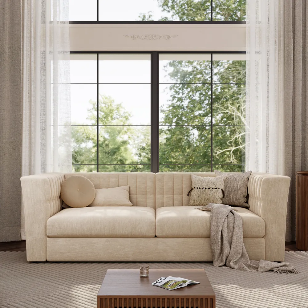 Modern Beige Tufted Sofa with Track Arms Modern Beige Tufted Sofa with Track Arms