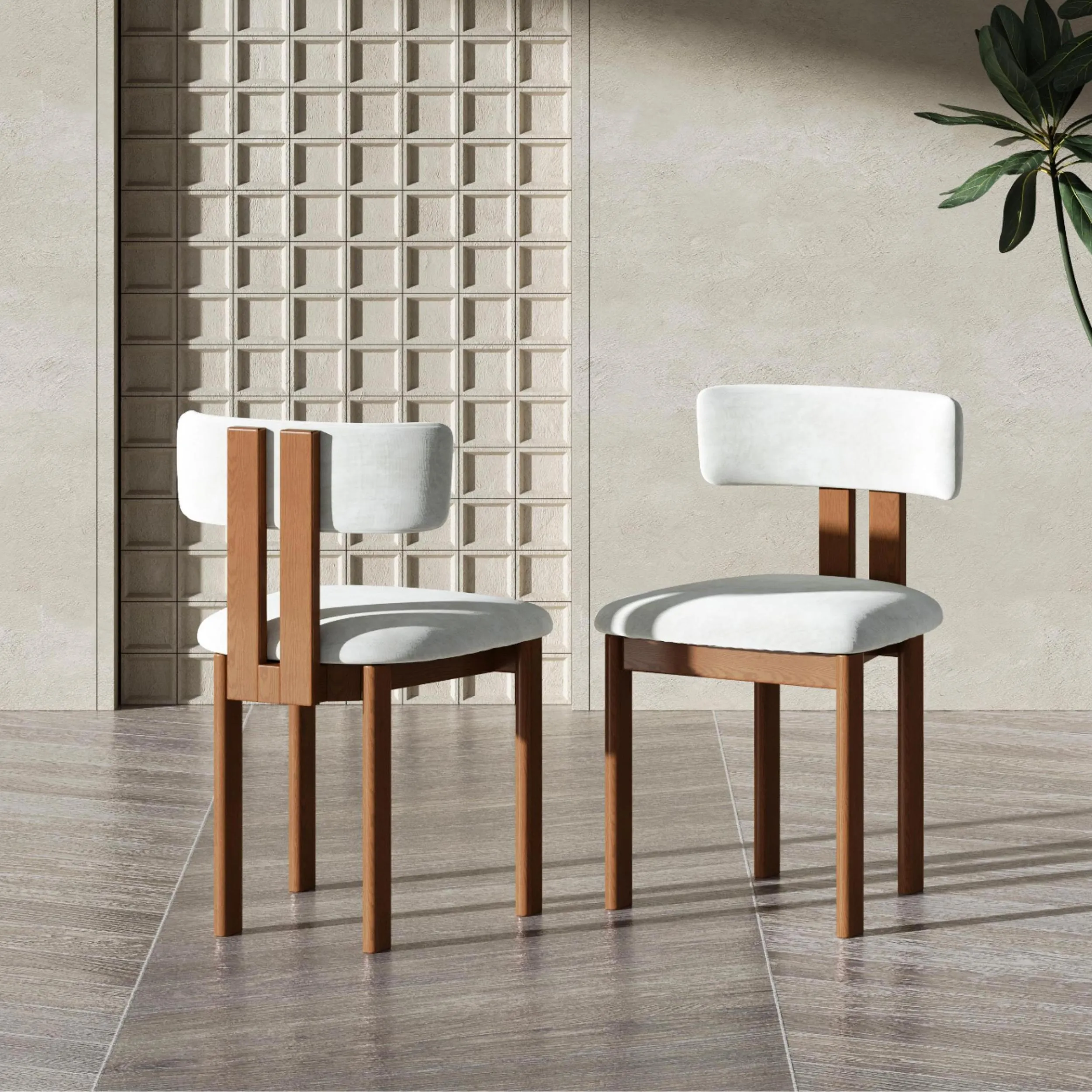 Mid-Century Modern Cotton Linen Wood Dining Chairs Set of 2