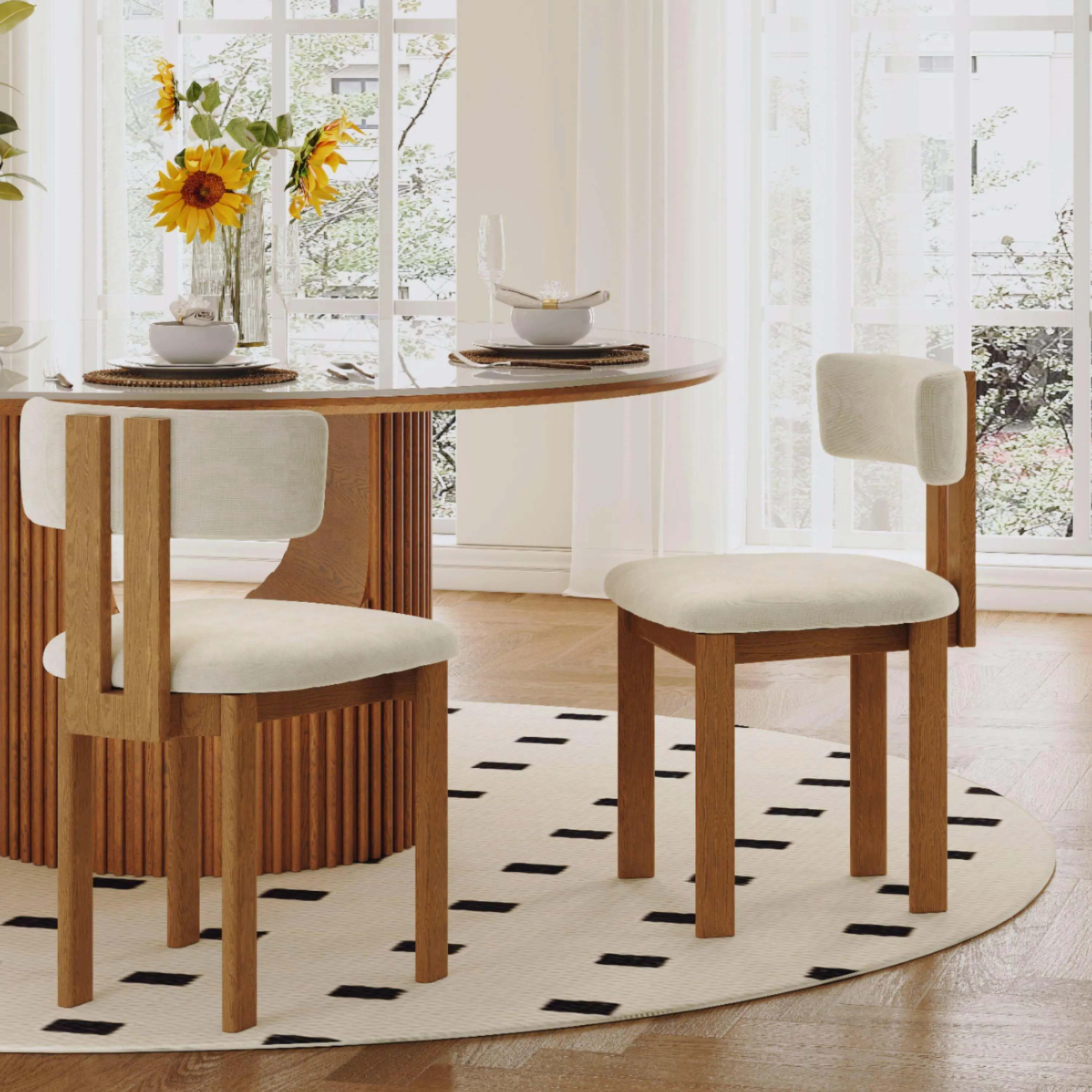 Mid-Century Modern Cotton Linen Wood Dining Chairs Set of 2