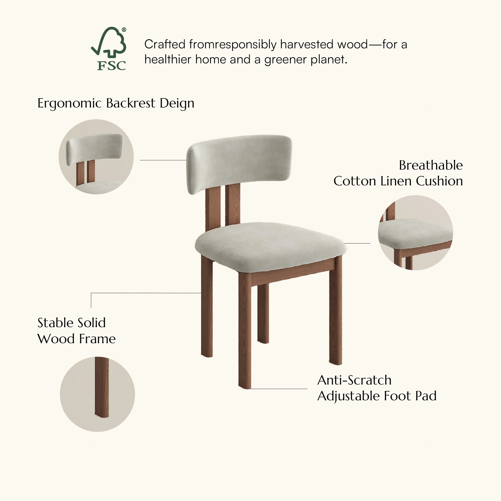 Mid-Century Modern Cotton Linen Wood Dining Chairs Set of 2