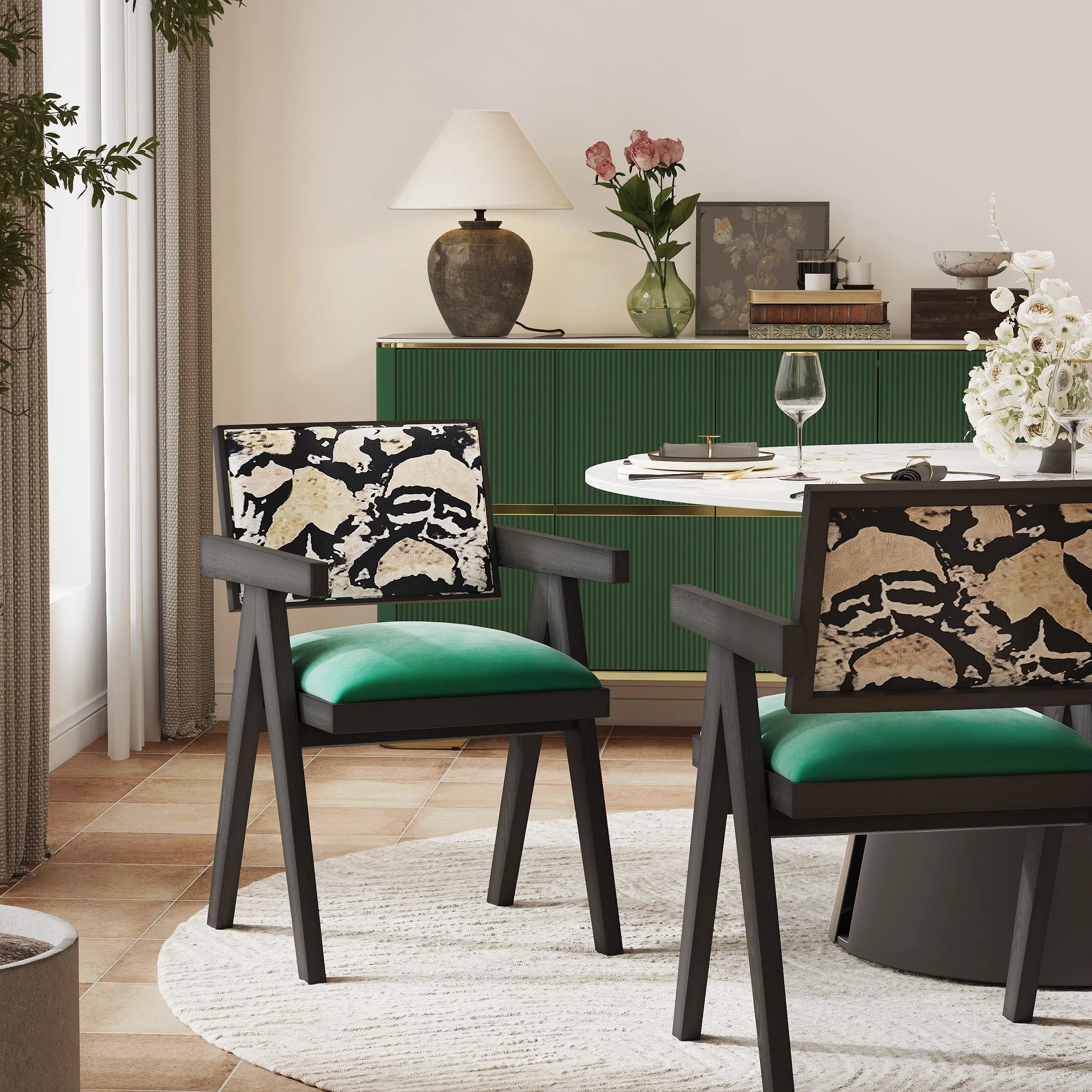 Mid-Century Modern Solid Wood Green Velvet Dining Chair Mid-Century Modern Solid Wood Green Velvet Dining Chair