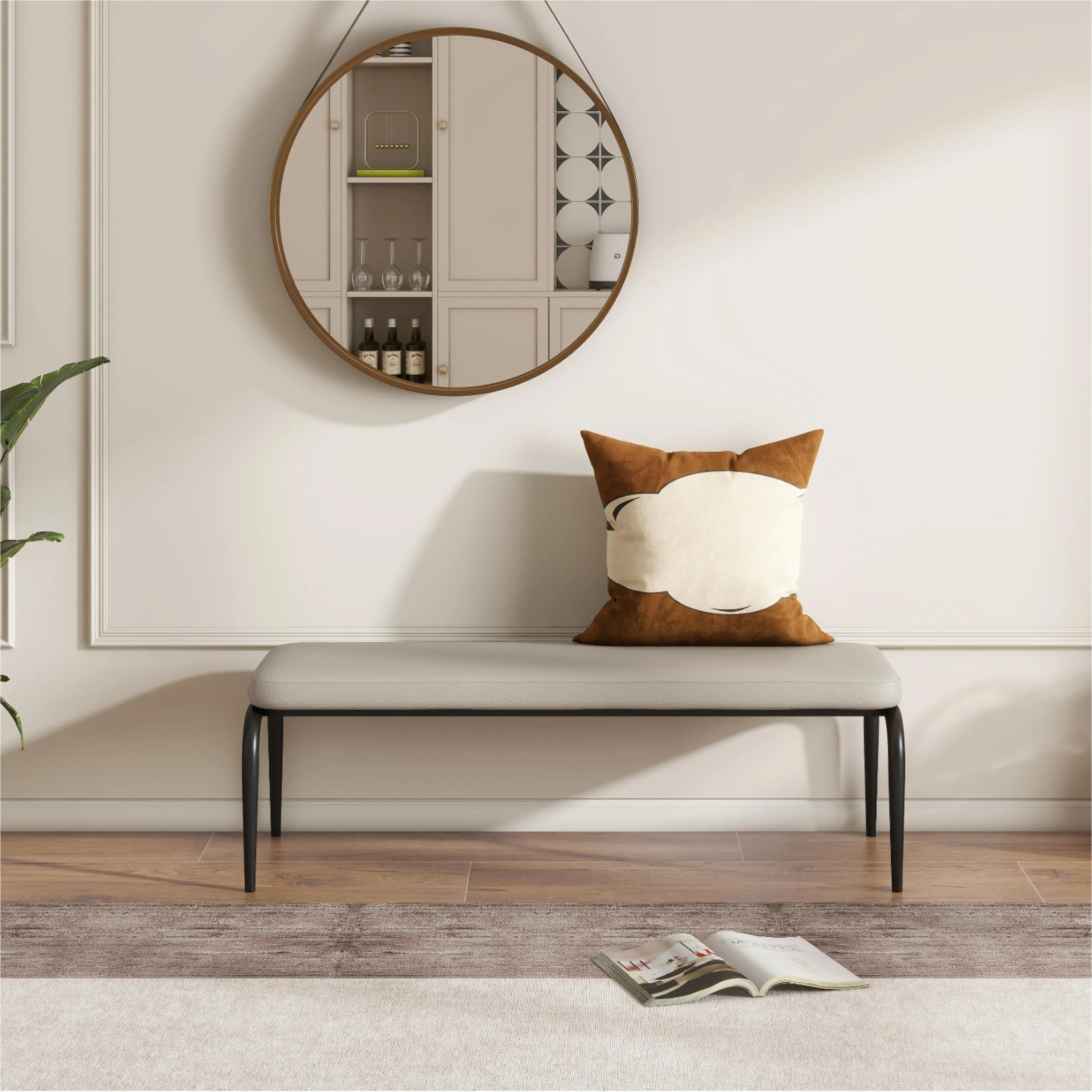 Contemporary Gray Leather Dining Bench