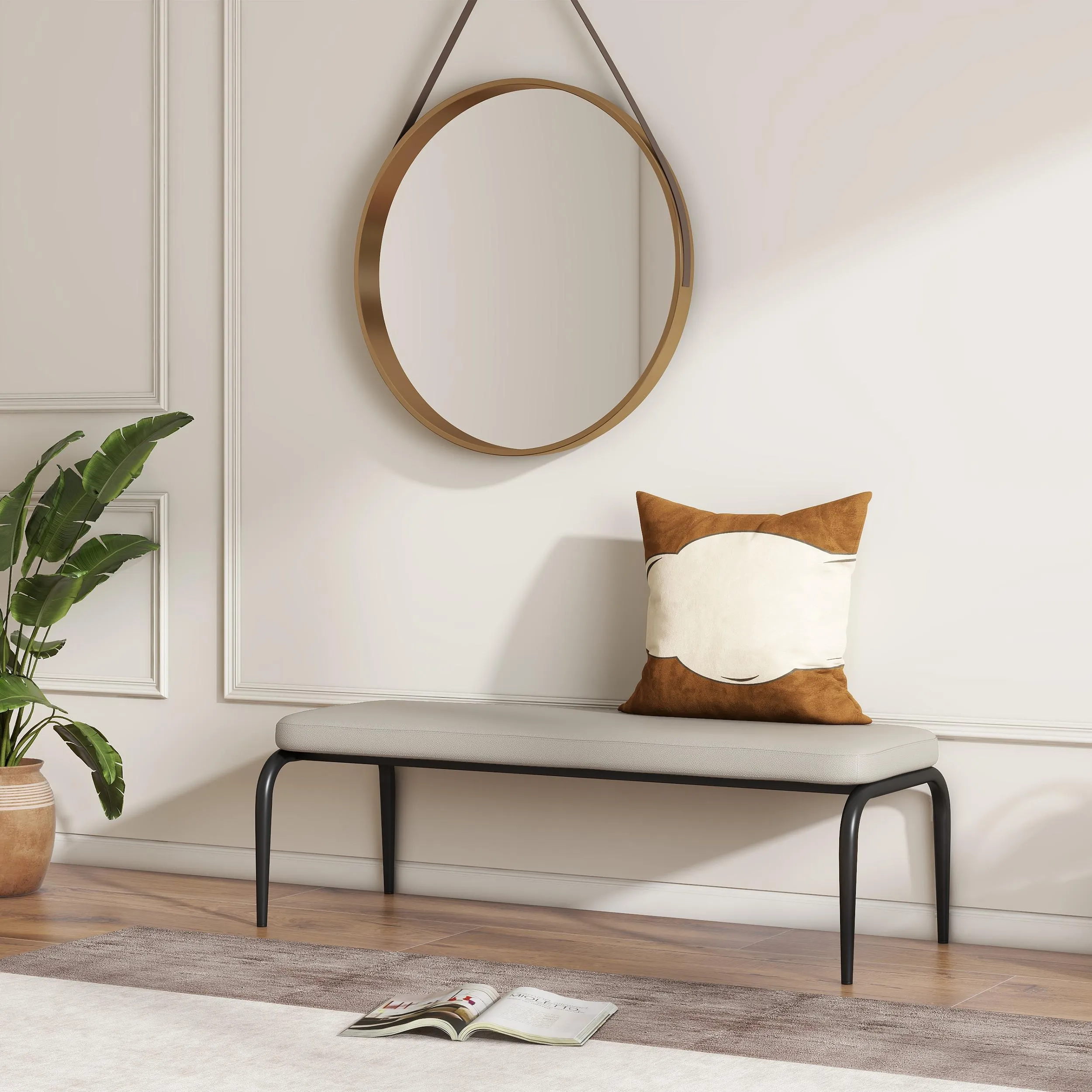 Contemporary Gray Leather Dining Bench