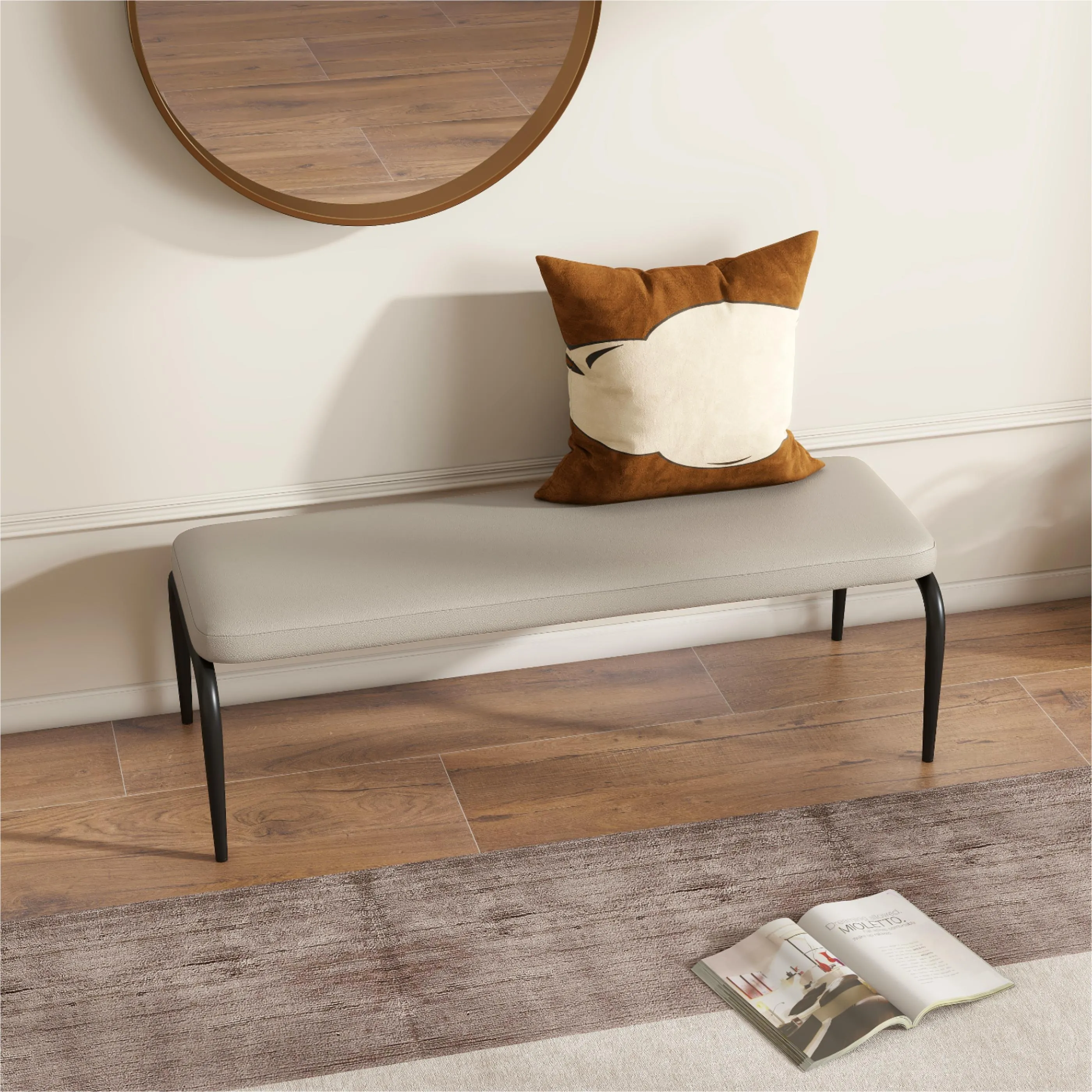 Contemporary Gray Leather Dining Bench