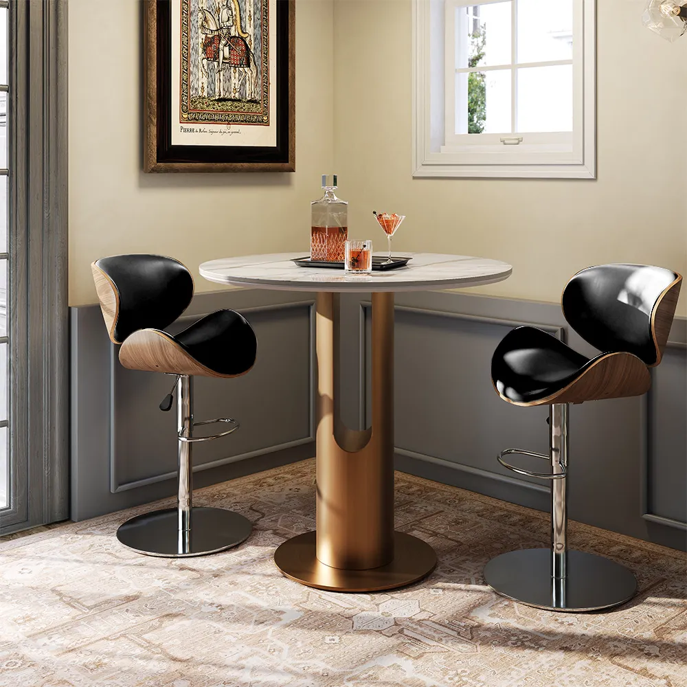 Contemporary Wooden Adjustable Leather Swivel Bar Stools 