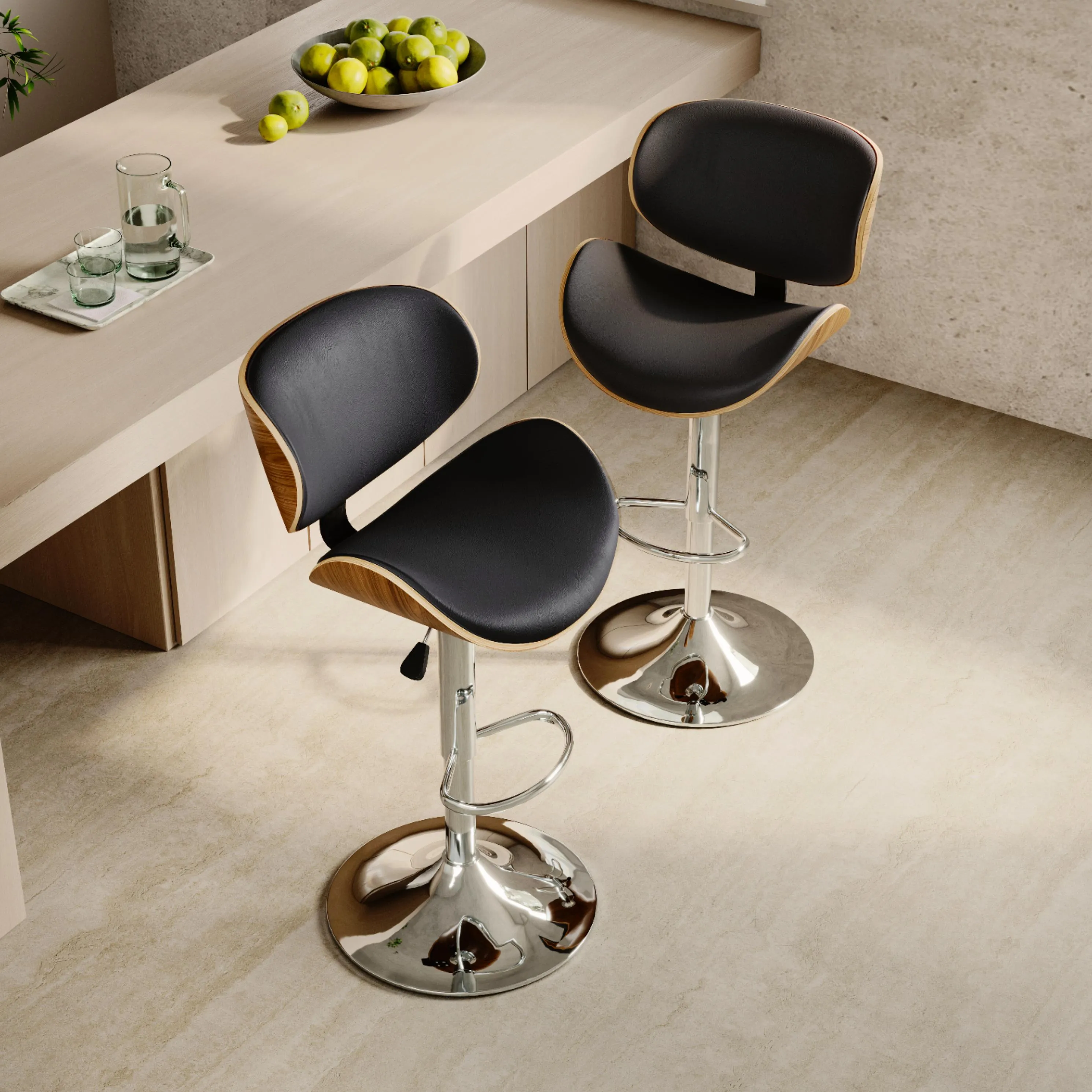 Contemporary Wooden Adjustable Leather Swivel Bar Stools 