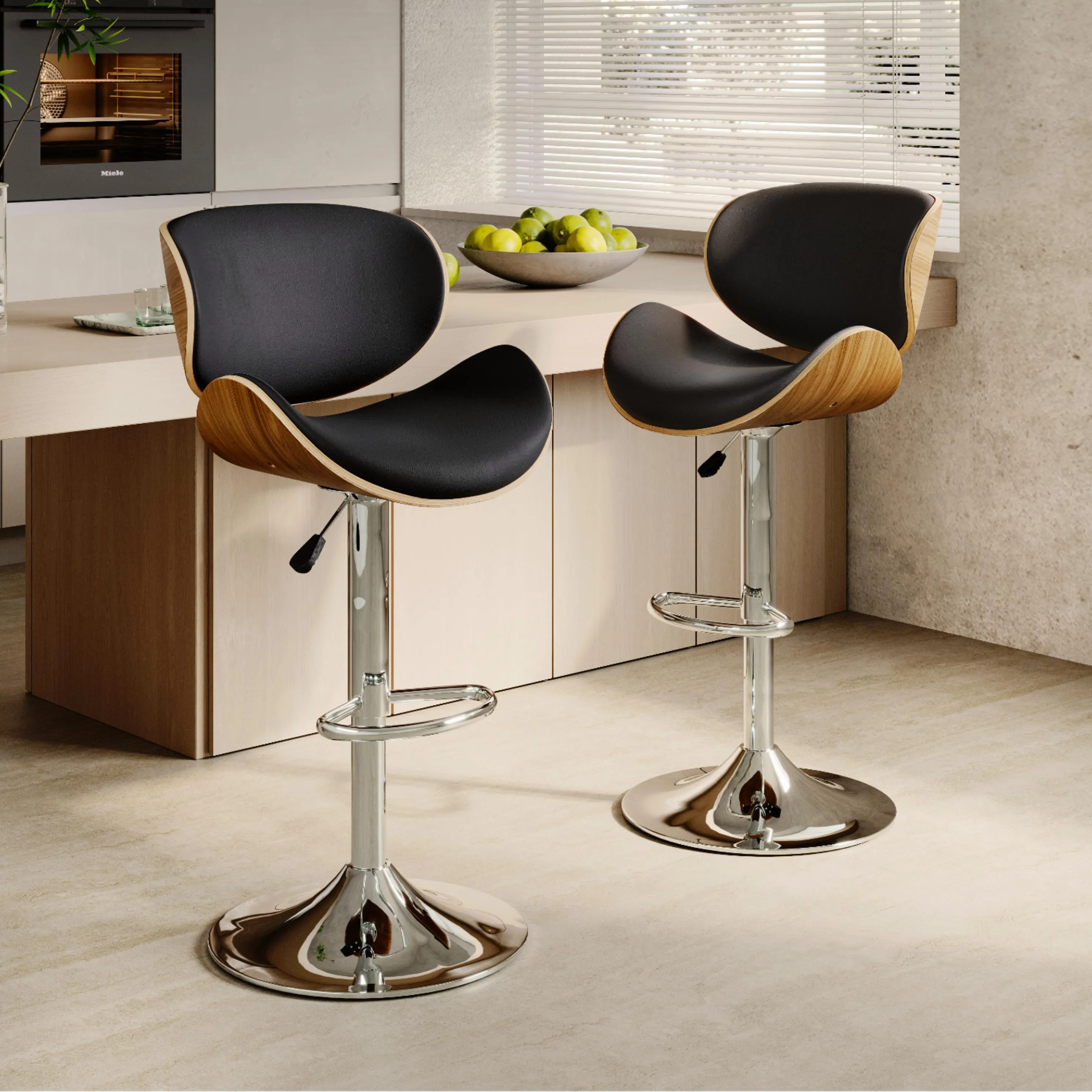 Contemporary Wooden Adjustable Leather Swivel Bar Stools 