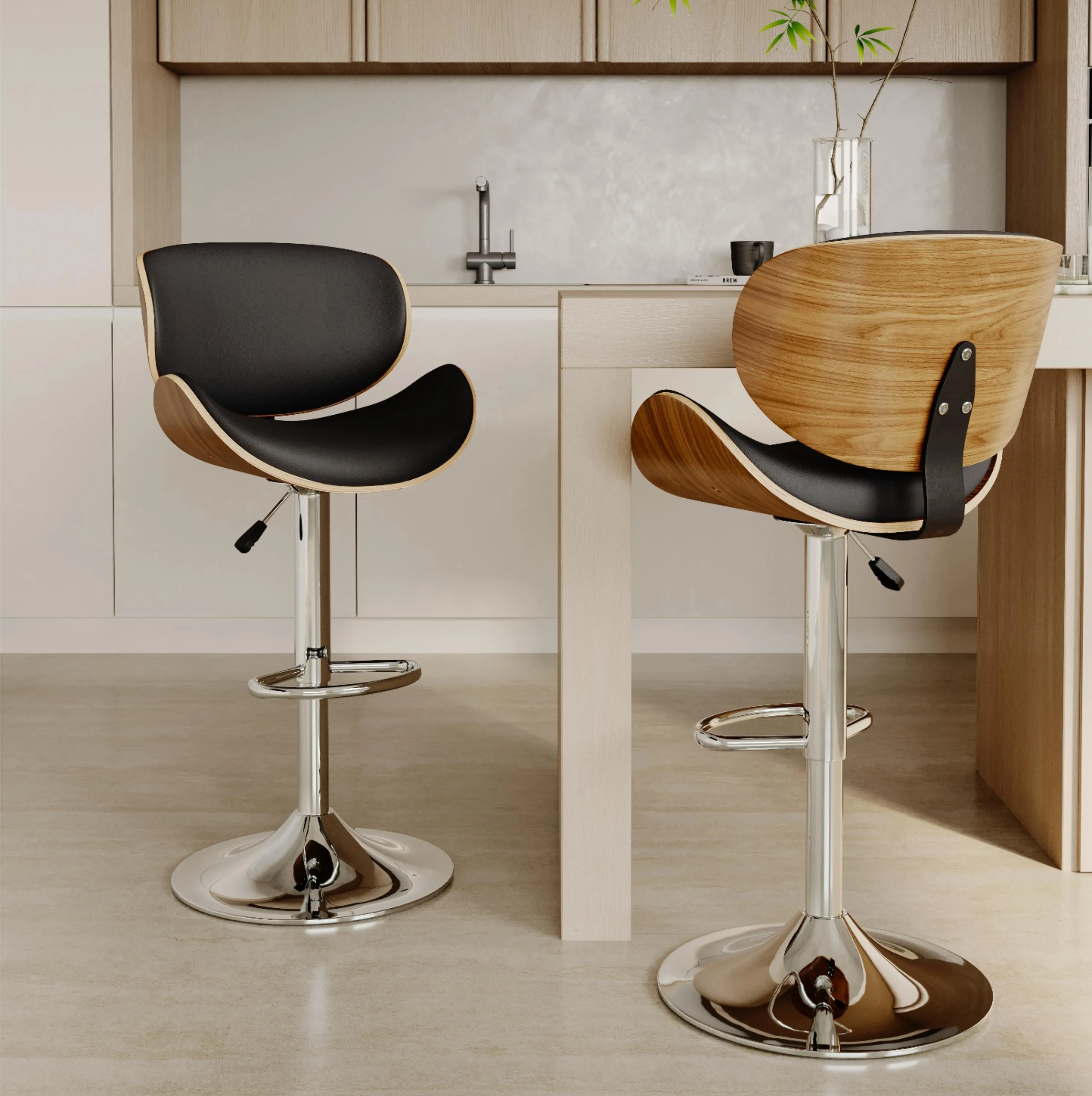 Contemporary Wooden Adjustable Leather Swivel Bar Stools 