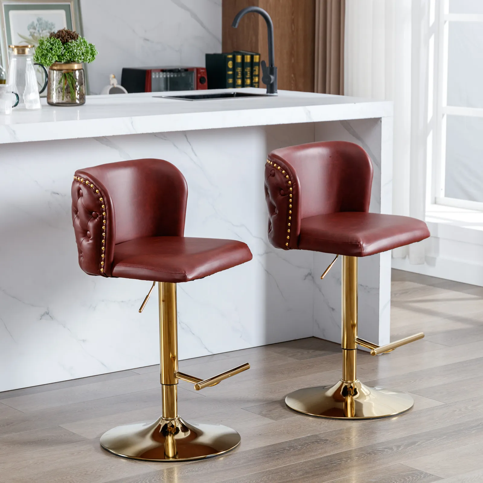 Modern Luxury Adjustable Height Swivel Faux Leather Bar Stools